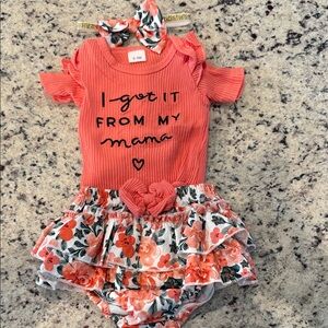 Coral Floral Ruffle Baby One-Piece with Headband0-3M